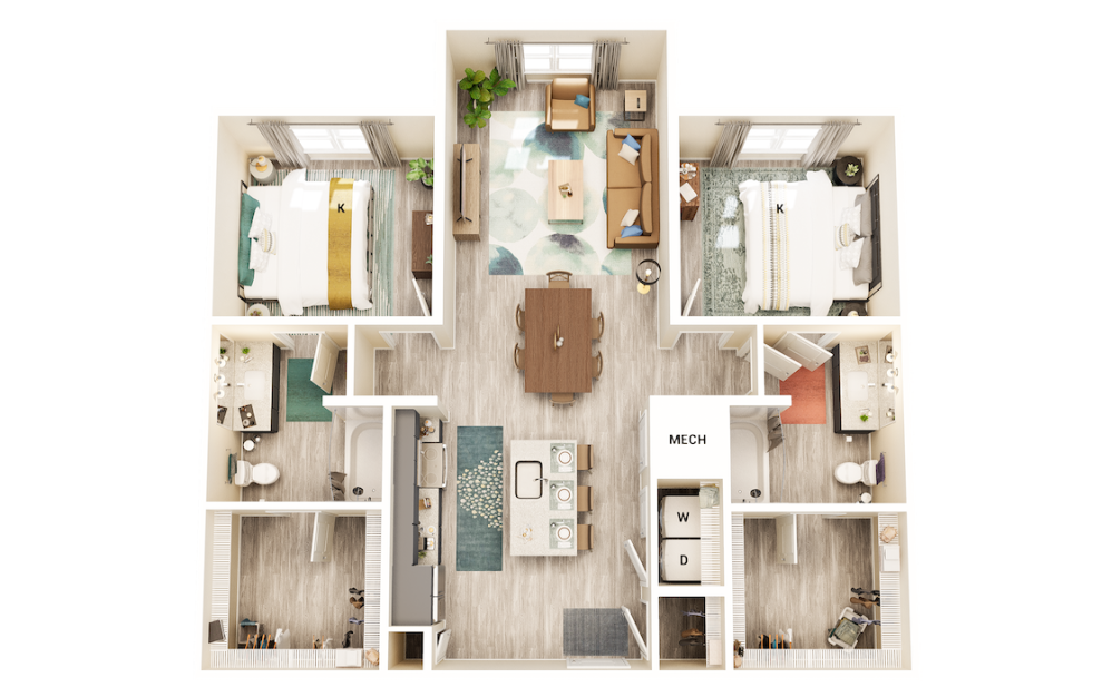 B1 - 2 bedroom floorplan layout with 2 baths and 1182 square feet. (Layout 2)